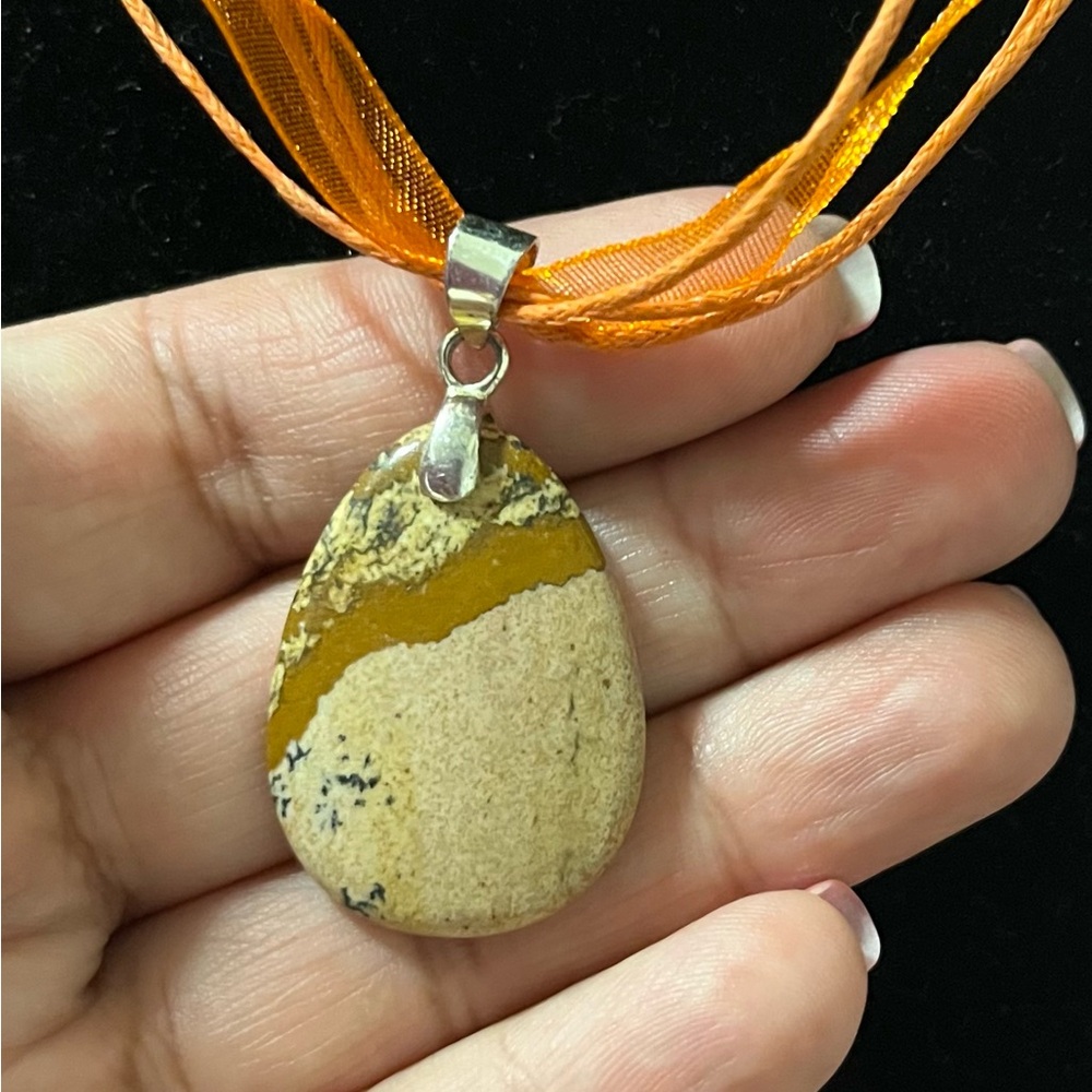 925 Sterling Silver and Jasper Stone Pendant with lace Chocker vintage - Picture 3 of 4